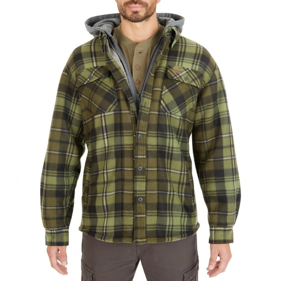 Men's Smith's Workwear Plaid Sherpa-Lined Microfleece Hooded Shirt Jacket Color: Black Olive Size: XL