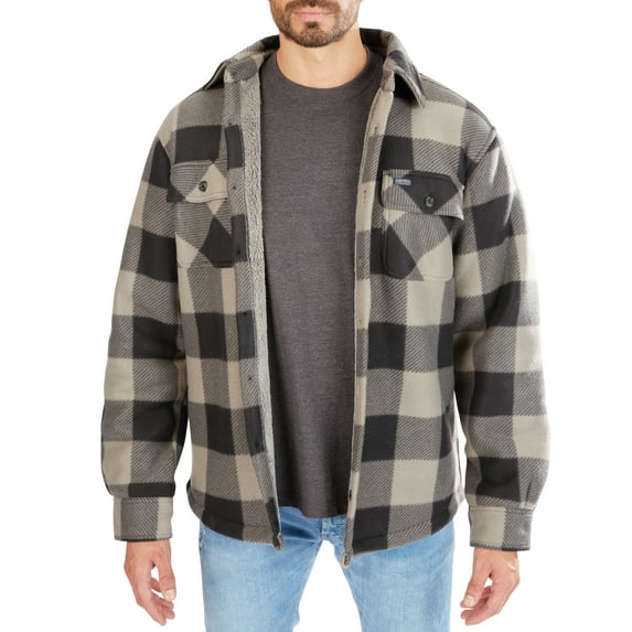 Men's Smith's Workwear Sherpa-Lined Plaid Microfleece Shirt Jacket Color: Stone Black Size: XL
