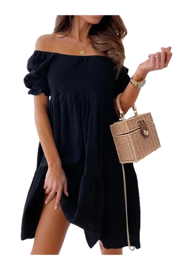 Men's Smocked Off Shoulder Mini Dress with Ruched Bust 100% Polyester Fabric Lightweight Beach Ready Style for Summer