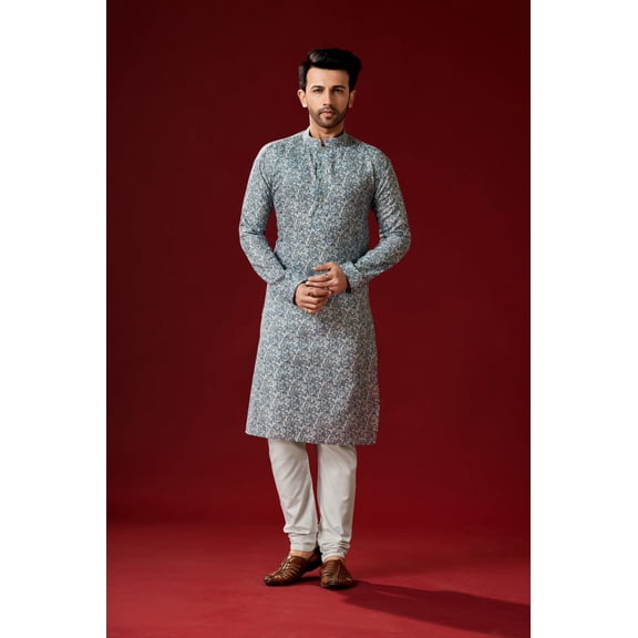 Men's Smokey Grey Color Indian Traditional Wear Tunic Cotton Kurta Pajama Set