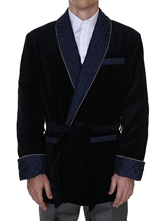 Men’s Navy Blue Velvet Loungewear Robe with Quilted Shawl Collar, Belted Luxury Smoking Jacket Lounge Wear