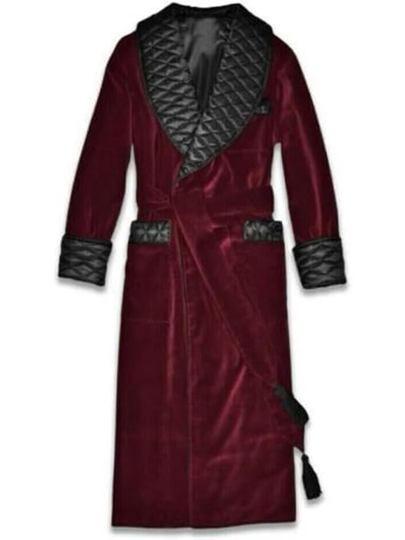 Men's Smoking Jacket Velvet Long Cigar Robe Quilted Dinner Shawl Lapel Wedding Prom Blazer Coat 