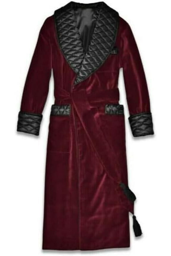 Men's Smoking Jacket Velvet Long Cigar Robe Quilted Dinner Shawl Lapel Wedding Prom Blazer Coat 