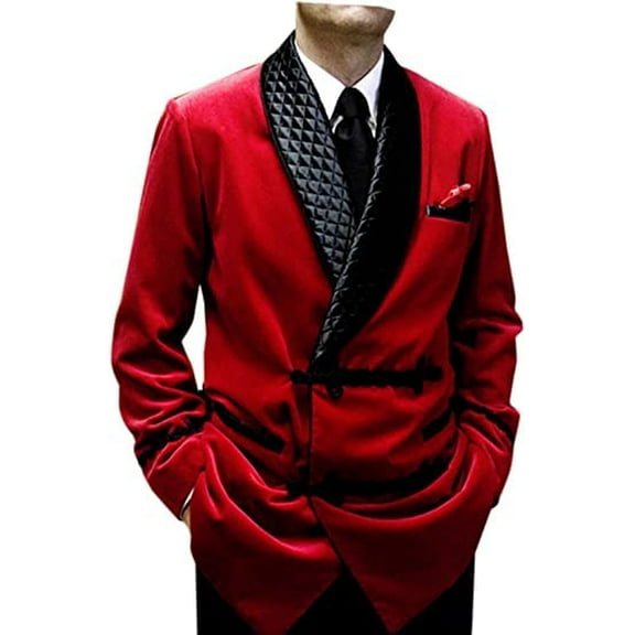 Men's Smoking Quilted Jacket Red Velvet Blazer Hosting Evening Dinner Party Wear Coat