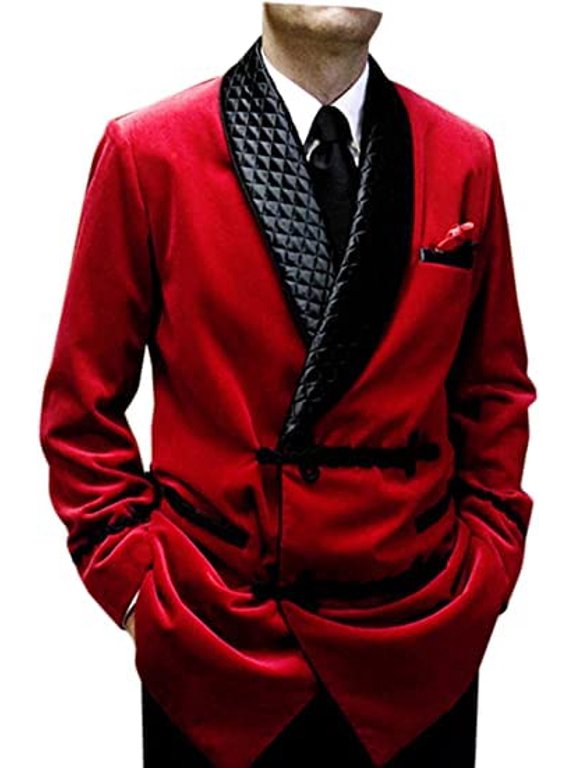 Men's Smoking Quilted Jacket Red Velvet Blazer Hosting Evening Dinner Party Wear Coat