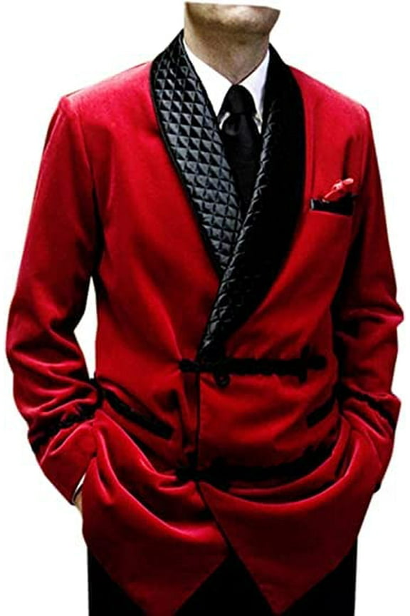 Men's Smoking Quilted Jacket Red Velvet Blazer Hosting Evening Dinner Party Wear Coat