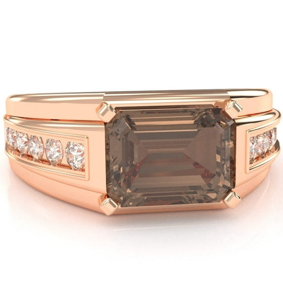 Men's Smoky Quartz Diamond Channel Ring In Solid 14k Rose Gold