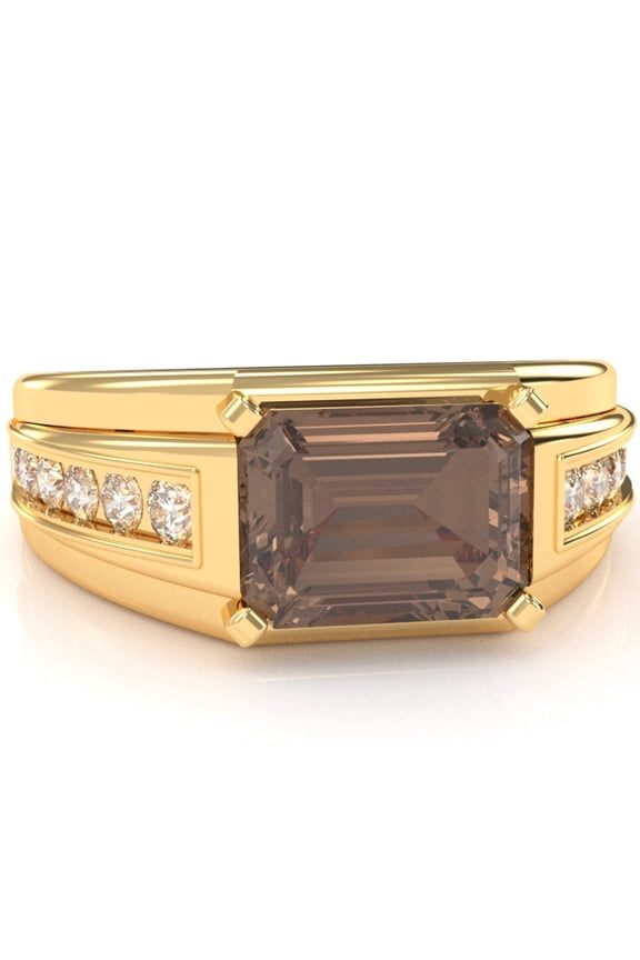 Men's Smoky Quartz Diamond Channel Ring In Solid 14k Yellow Gold