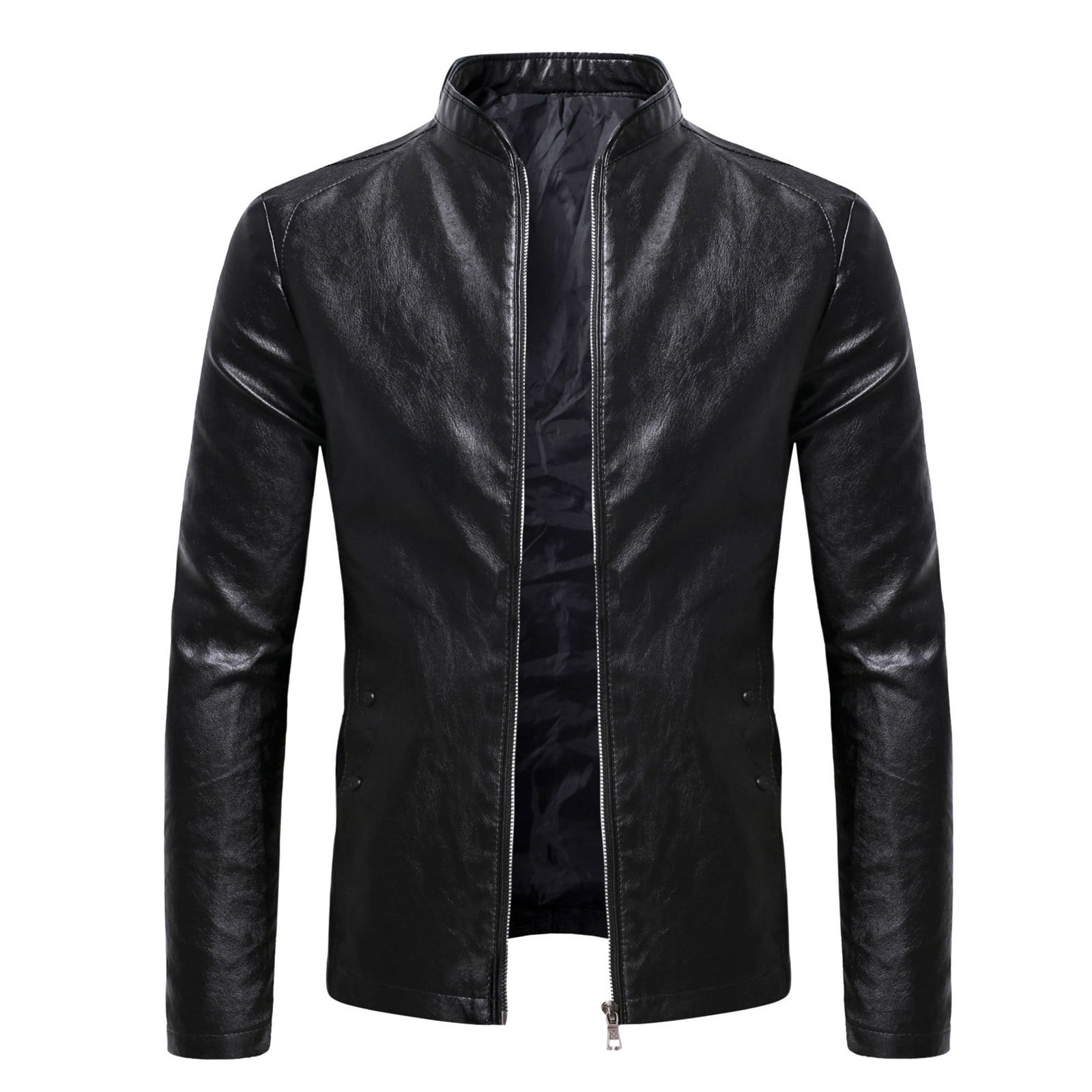 Men's Smooth Faux Leather Jacket Slim Fit Stand Collar Zip Up