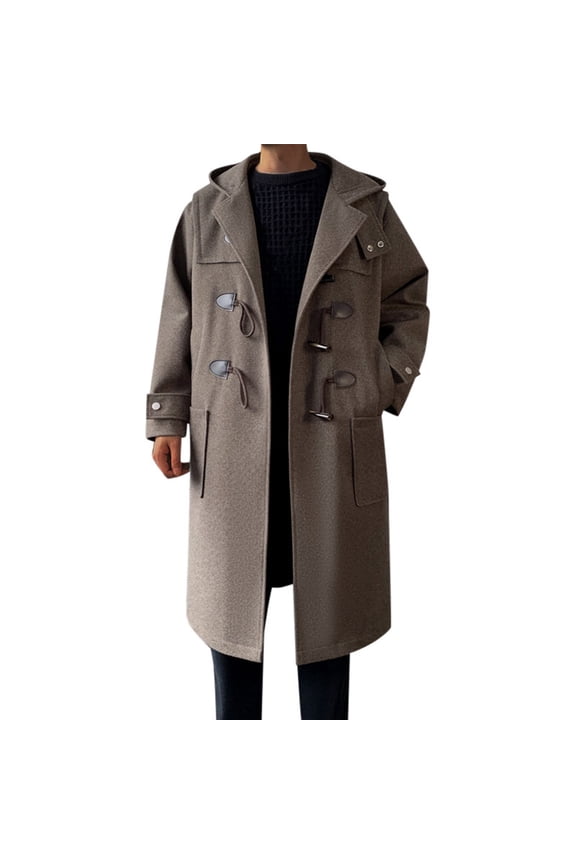 Men's Smooth Shoulder Woolen Anorak Windbreaker Winter Coat Long Loose Fit Lapel Hooded Jacket Warm Outerwear