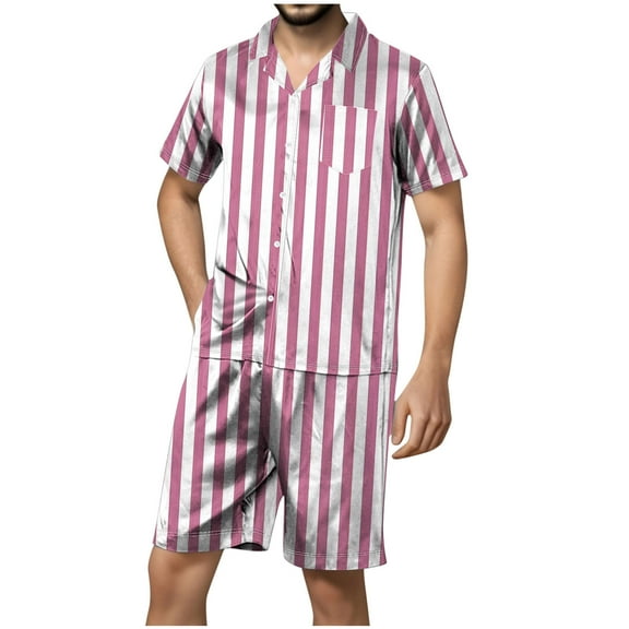 Men's Smooth Striped Satin Pajama Set Short Sleeve Silk Sleepwear Classic Button Down 2-Piece Pjs Set