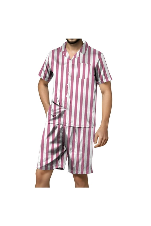 Men's Smooth Striped Satin Pajama Set Short Sleeve Silk Sleepwear Classic Button Down 2-Piece Pjs Set