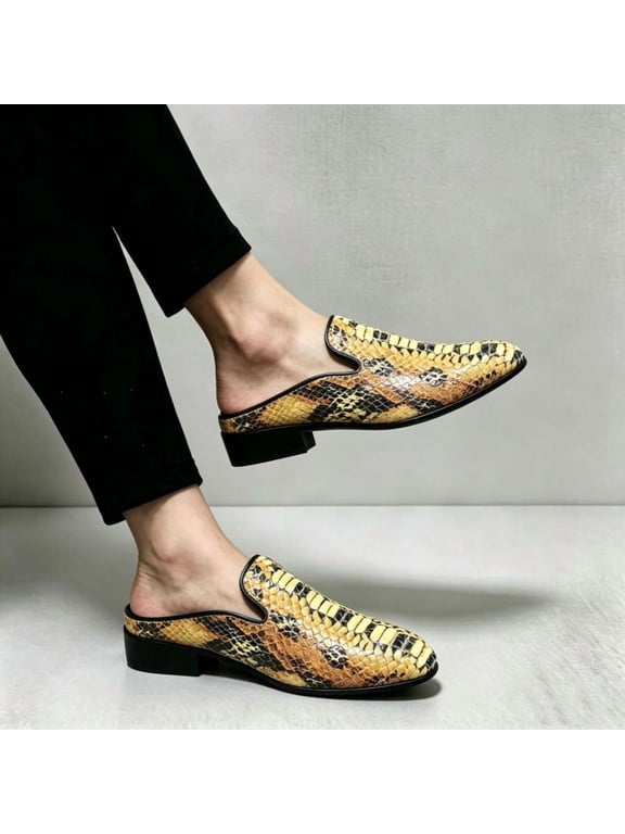 Men's Snake Print Backless Leather Mule Loafers Low Block Heel Slip On Fashion Stage Party Casual Dress Shoes