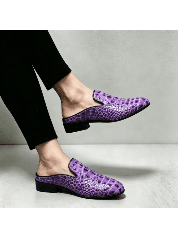 Men's Snake Print Backless Leather Mule Loafers Low Block Heel Slip On Fashion Stage Party Casual Dress Shoes