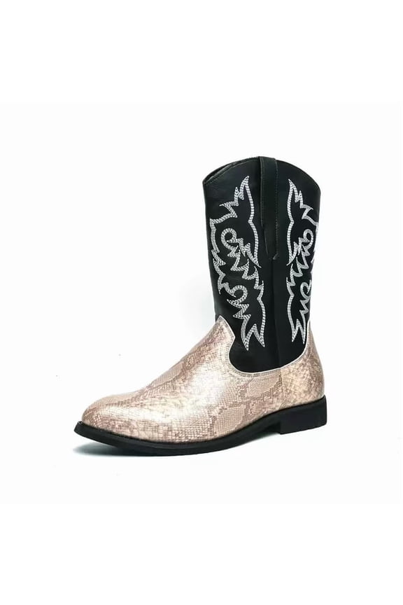 Men's Snake Print Western Cowboy Boots with Snakeskin Print & Embroidered Shaft – Stylish Pull-On Riding Boots Non-Slip Square Toe Country Boots