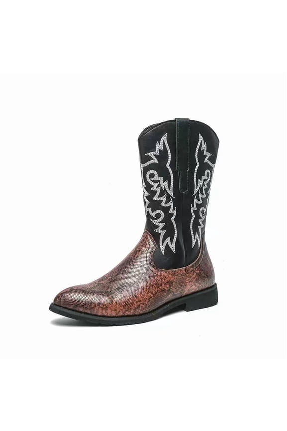 Men's Snake Print Western Cowboy Boots with Snakeskin Print & Embroidered Shaft – Stylish Pull-On Riding Boots Non-Slip Square Toe Country Boots