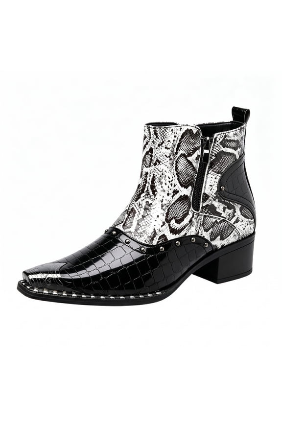 Men's Snakeskin Patchwork Chelsea Boots, Red/White-Black Color-Block Side-Zip Ankle Boots, Rivet-Decorated Chunky Dress Boots