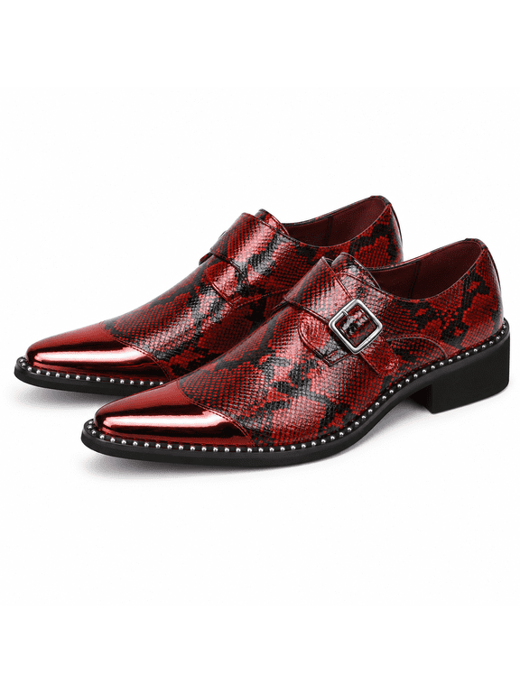 Men's Snakeskin Pattern Pointed Toe Monk Strap Dress Shoes with Metallic Cap Toe and Studded Welt