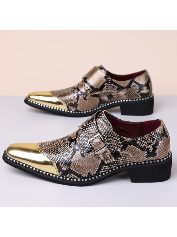 Men's Snakeskin Pattern Pointed Toe Monk Strap Dress Shoes with Metallic Cap Toe and Studded Welt