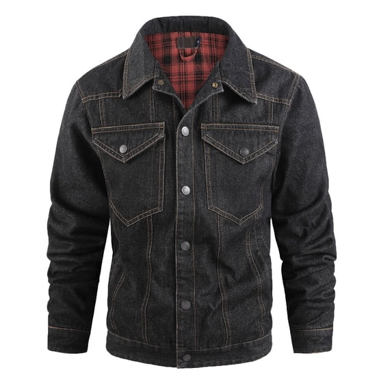 Men's Snap Button Jean Jacket Western Cowboy Plaid Flannel Lined Work Denim Trucker Jackets with Double Pocket Sizes S-2XL Black