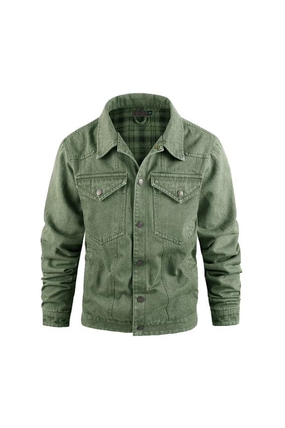 Men's Snap Button Jean Jacket Western Cowboy Plaid Flannel Lined Work Denim Trucker Jackets with Double Pocket Sizes S-2XL Green