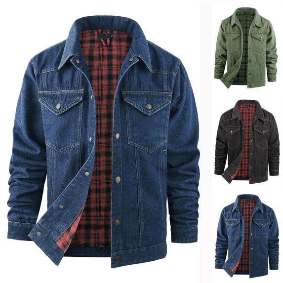 Men's Snap Button Jean Jacket Western Cowboy Plaid Flannel Lined Work Denim Trucker Jackets with Double Pocket Sizes S-2XL Green