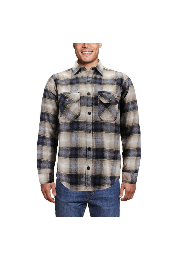 Men’s Snap Button Long Sleeve Plaid Soft 100% Cotton Flannel Button Up Shirt (Khaki/Grey, XL)