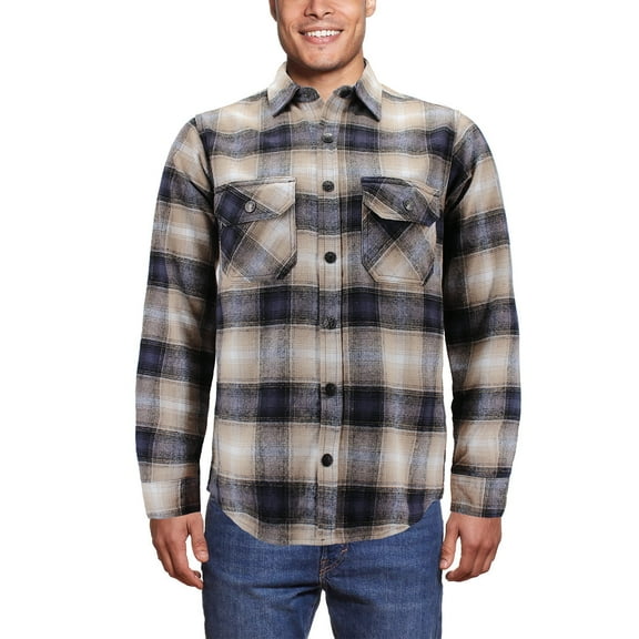 Men’s Snap Button Long Sleeve Plaid Soft 100% Cotton Flannel Button Up Shirt (Khaki/Grey, XL)