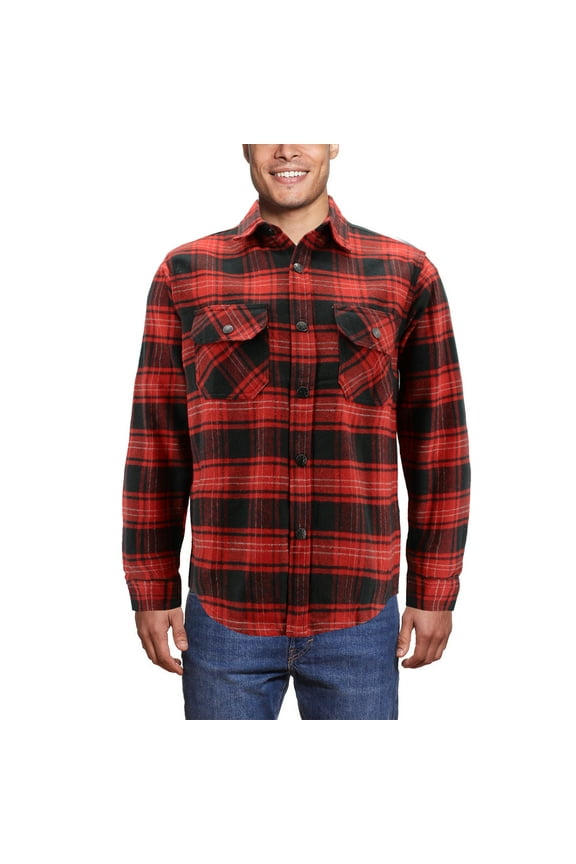Men’s Snap Button Long Sleeve Plaid Soft 100% Cotton Flannel Button Up Shirt (Red/Black, L)