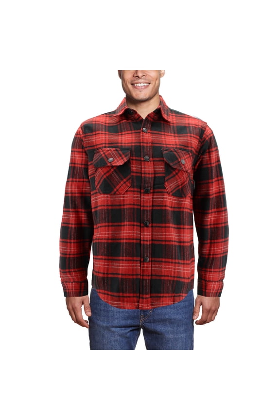 Men’s Snap Button Long Sleeve Plaid Soft 100% Cotton Flannel Button Up Shirt (Red/Black, M)