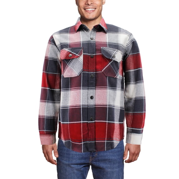 Men’s Snap Button Long Sleeve Plaid Soft 100% Cotton Flannel Button Up Shirt (Red/White, L)