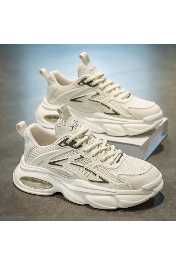 Men's Sneakers - Beige/ Stability Support Lace-Up Shoes for Running, Gym, Everyday - All-Season Dad Shoes, Running Footwear Thick Cushioned Sole, Breathable PU Upper & Non-Slip Rubber Outsole