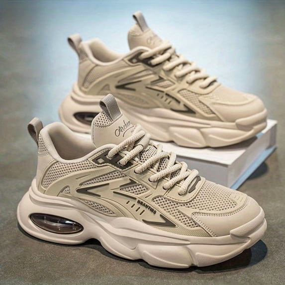 Men's Sneakers - Running Footwear Thick Cushioned Sole, Breathable PU Upper & Non-Slip Rubber Outsole ,Beige/ Stability Support Lace-Up Shoes for Running, Gym, Everyday - All-Season Dad Shoes,