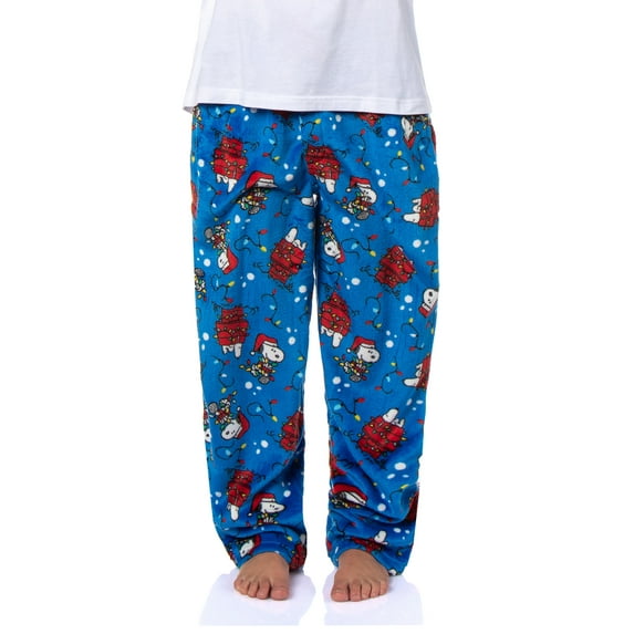 Peanuts Snoopy Holiday Doghouse Christmas Lights Plush Fleece Men's Pajama Pants w Adjustable Waistband & Side Pockets