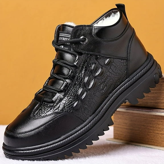 Men's Snow Boots, Warm Fleece Cozy Non-slip Lace-up Ankle Boots Plush Comfy Outdoor Hiking Shoes Fur Lined Trekking Shoes, Winter