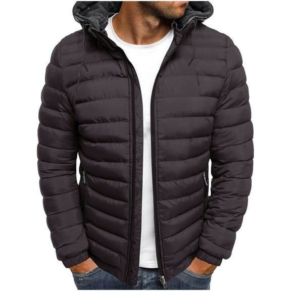 Men's Snow Jackets Winter Lightweight Thickened Down Padde Jacket Full Zip Hooded Warm Coat with Pockets Coffee XXXL