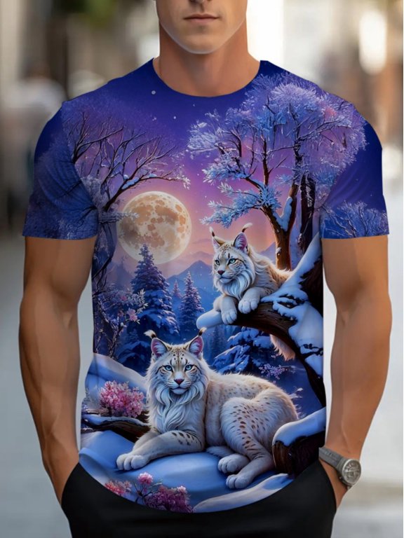 Men’s Snow Leopard Graphic T-Shirt, Moonlight Winter Forest Animal Print Tee, Fantasy Wildlife Short Sleeve Crew Neck Shirt