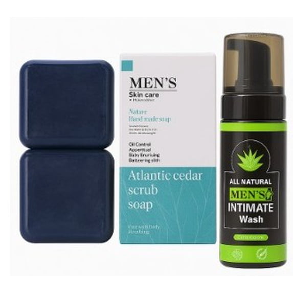 Men’s Soap & Intimate Wash Set – Atlantic Cedar Scrub Soap Bar + All‑Natural Men’s Intimate Wash +essential oil, Refreshing Cleansing Bundle