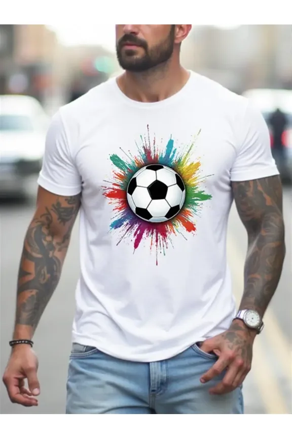 Men's Soccer Ball & Paint Splash Football Jersey-Inspired T-Shirt - Breathable Cotton Short Sleeve Tee with Black & White Soccer Print, All-Season Casual Wear for Fans, Urban