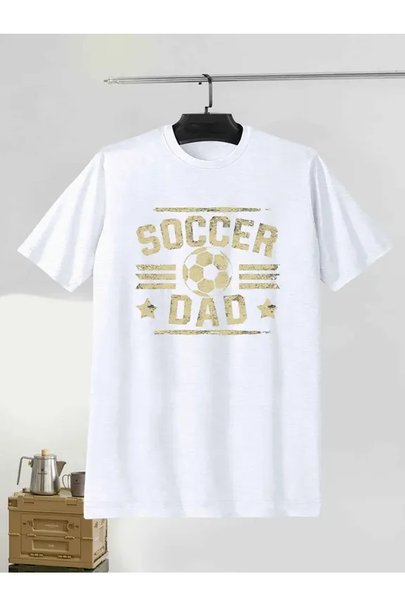 Men's Soccer Dad Graphic T-Shirt - White with Golden Lettering & Print, Casual Short Sleeve Round Neck Summer Tee for Soccer Games, Training, Casual Attire - Machine Washable