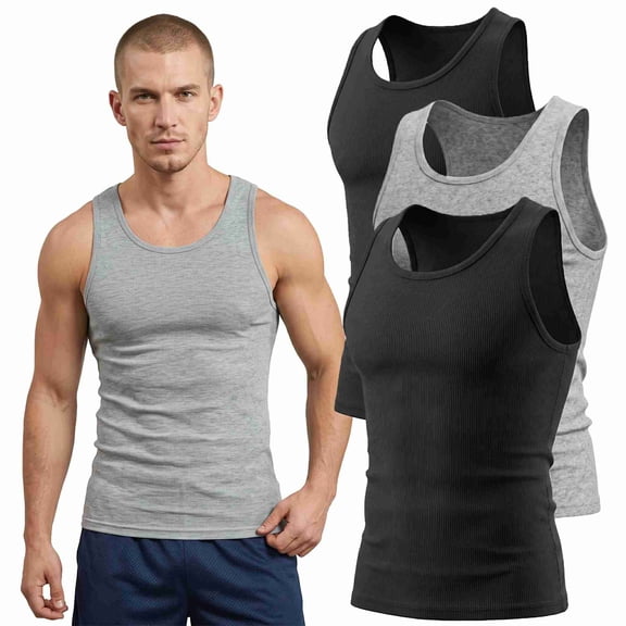 COUVER Men's Cotton Ribbed Undershirt A-Shirt 3-Pack Assorted New 2-Black 1-Grey New M