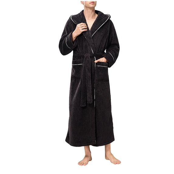 Men's Soft Bathrobes Plush Soft Velvet Fleece Long Bathrobe Drawstring Adjustable Open Front Spa Robe Soft Warm House Robe with Pockets for Mens