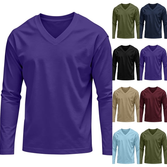 Men's Soft Breathable Long Sleeve Tops V Neck Slim Fit Basic T-Shirts Lightweight Casual Shirts for Indoor Outdoor Daily Layering,5XL,Purple
