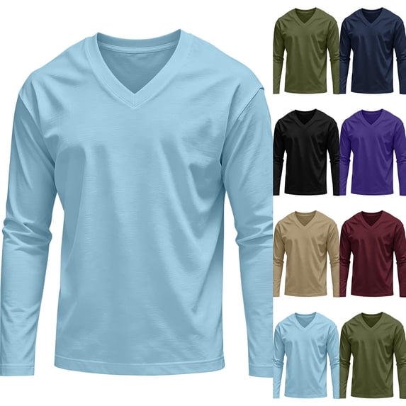 Men's Soft Breathable Long Sleeve Tops V Neck Slim Fit Basic T-Shirts Lightweight Casual Shirts for Indoor Outdoor Daily Layering,S,Light Blue