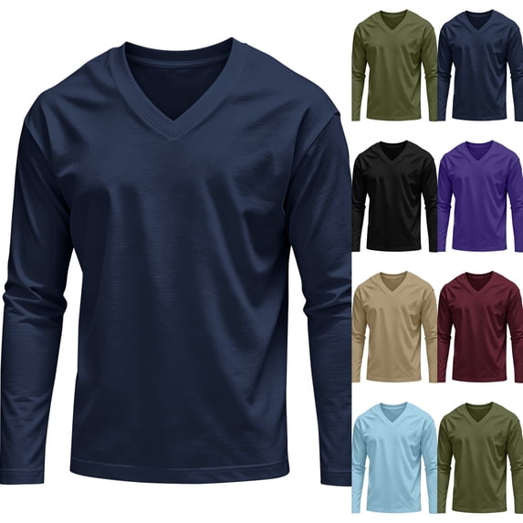 Men's Soft Breathable Long Sleeve Tops V Neck Slim Fit Basic T-Shirts Lightweight Casual Shirts for Indoor Outdoor Daily Layering,XL,Navy