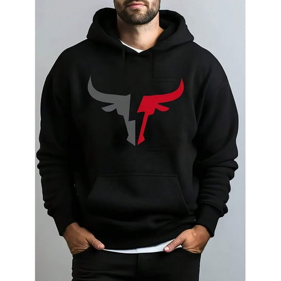 Men's Soft Comfortable Bull Head Graphic Print Hoodie, Strength & Power Themed Long Sleeve Pullover Sweatshirt, Black Casual Hooded Top For Fitness Enthusiasts & Bull Design Fans, Super Soft Fabric F