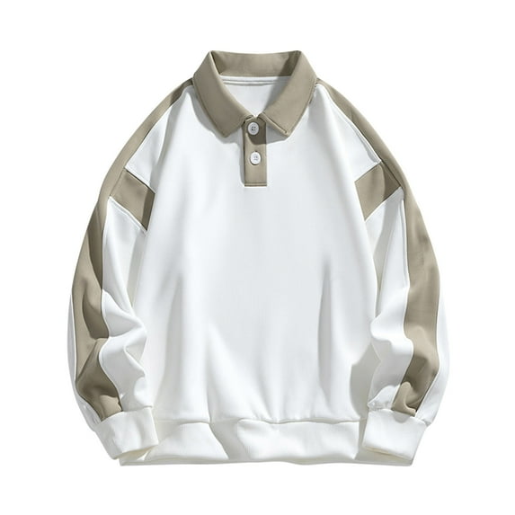 Men's Soft Cotton Color Block Sweatshirt Pullover Loose Casual Buttons Collared Work Cargo Jacket Long Sleeve Tops (X-Large, White 01)