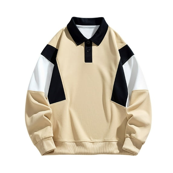 Men's Soft Cotton Color Block Sweatshirt Pullover Loose Casual Buttons Collared Work Cargo Jacket Long Sleeve Tops (XX-Large, Khaki)