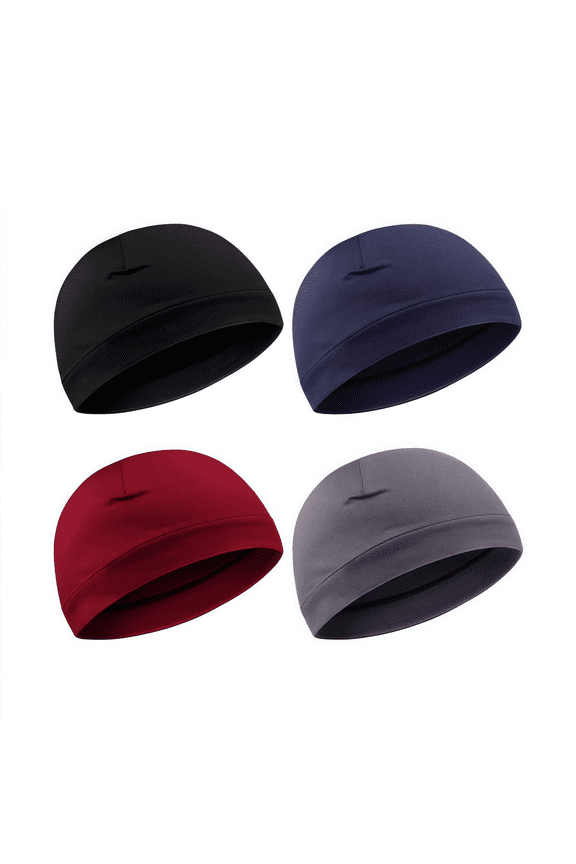 Men's Soft Cotton Skull Caps & Helmet Liners - 4 Pack Sweat Wicking Stretchy Cotton Beanie, Windproof Sun Protection for Sports & Outdoor Activities