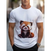 Mens Soft Daily T-Shirt - Light and Breathable Cute Red Panda Pattern, White Casual Top, Suitable for Home, Office, Going Out - Machine Washable Essential, Comfortable Design